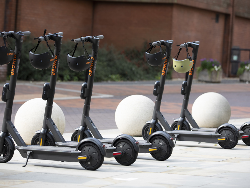 line up of e-scooters.