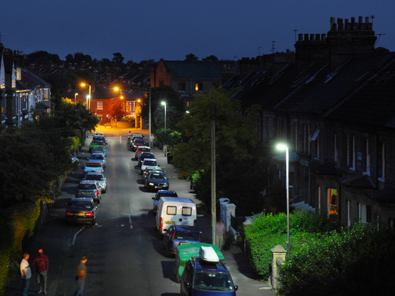 a street view lit up with LED lights.