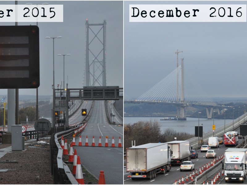 Before and after shot of Forth Road Bridge repairs.