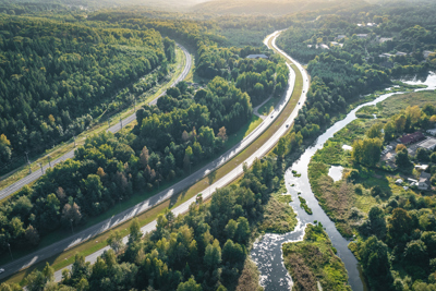 Image shows an aerial view of a highway and a railway line cutting through a lush green forest, with a winding river running alongside them