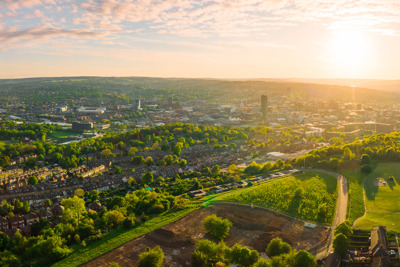 Cityscape at sunset. 