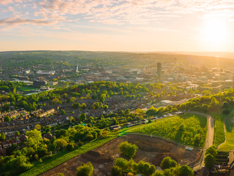Cityscape at sunset. 